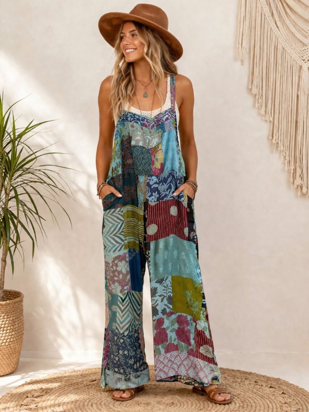Boho Patchwork Jumpsuit Overalls; One Size